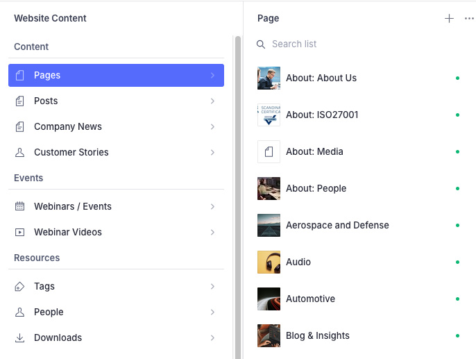 Skjermbilde fra publiseringsløsningen Sainty som viser sidestruktur