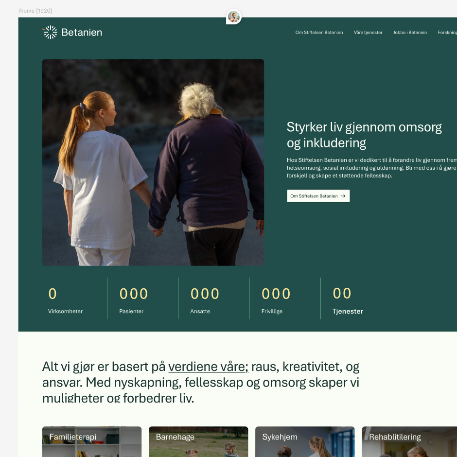 Skjermbilde av det endelige designet for Betanien nettsiden i Figma