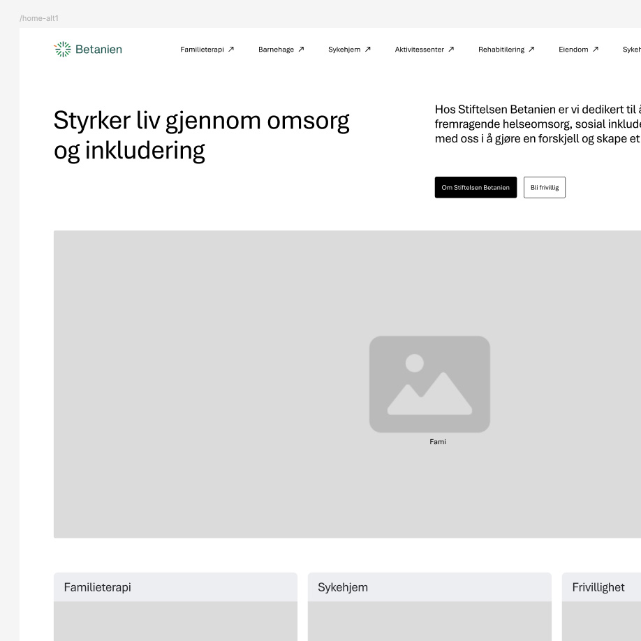 Skjembilde fra wireframe skisse for de nye Betanien nettsidene
