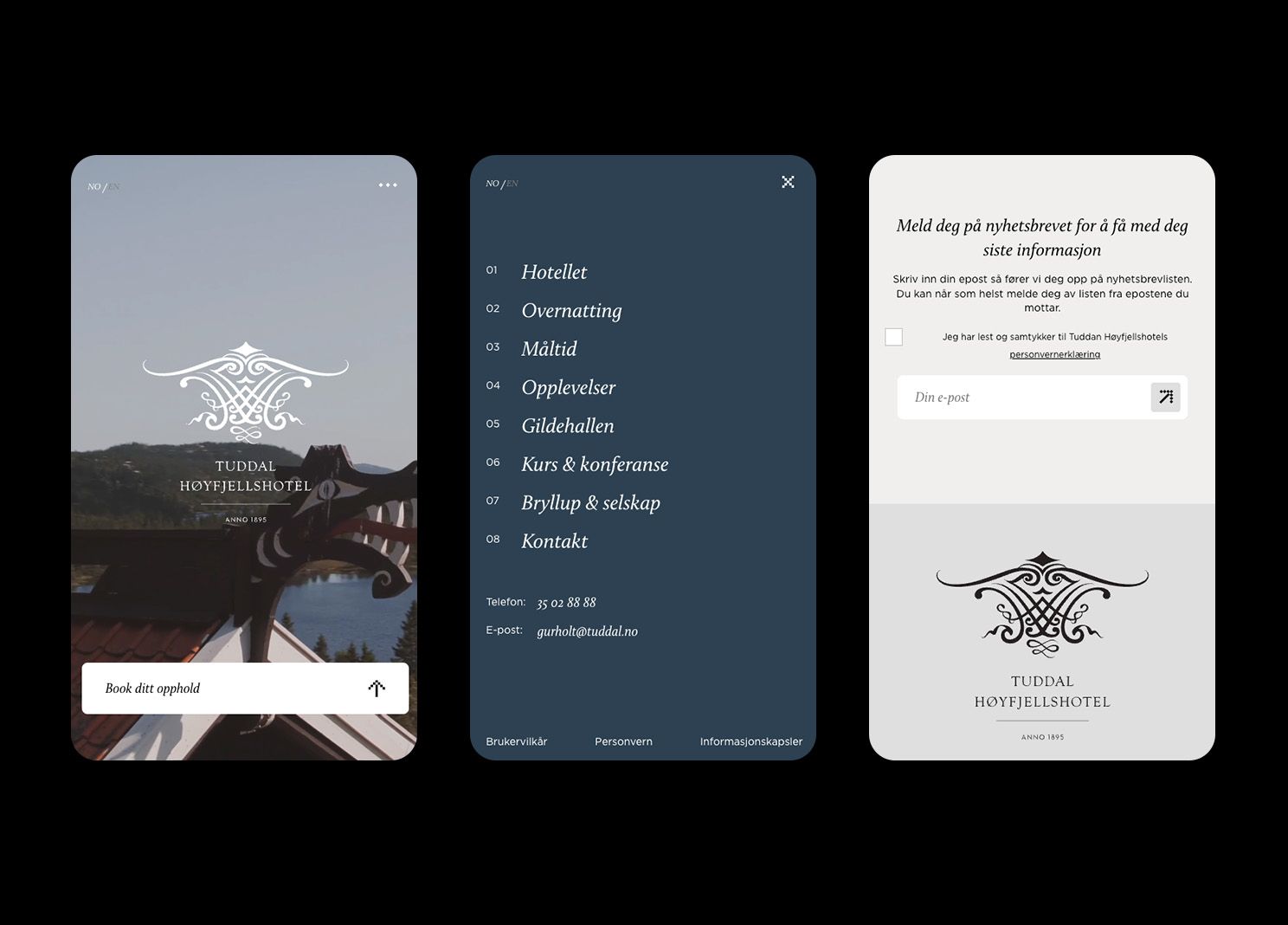 Skermbilder fra mobil som viser nettsidene til Tuddal hoyfjellshotell.